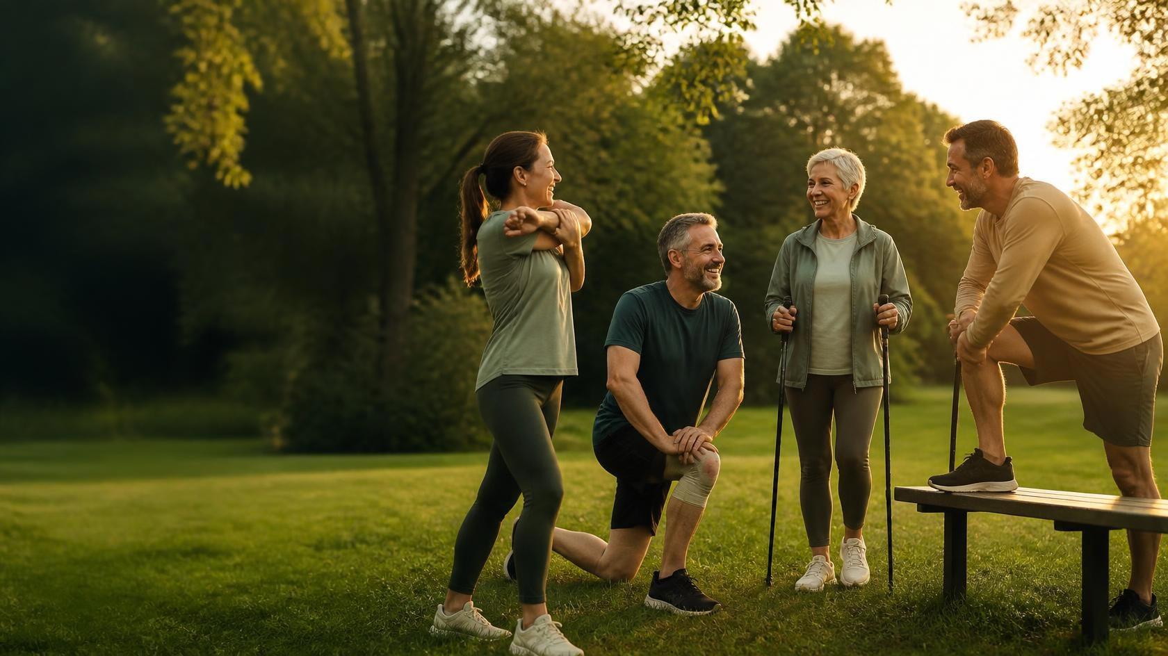 Vier lächelnde Menschen zwischen 40 und 60 dehnen und trainieren gemeinsam mit Nordic-Walking-Stöcken in einem Park im Abendlicht